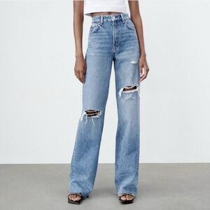 Zara Light Blue Distressed Wide Leg Jeans